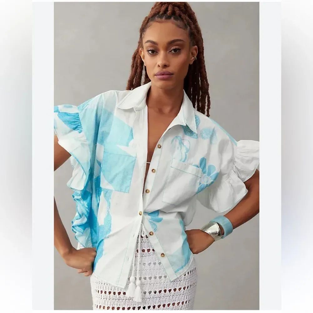 Anne Guest Cyanotype Ruffle-Sleeve Buttondown Blouse Exclusively Anthropologie